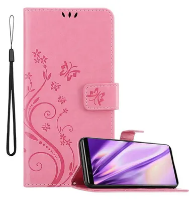 A pink phone case with a floral and butterfly design is shown open, with a smartphone placed inside.