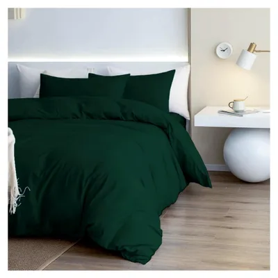 Produktbild von Bettwäsche 155x220 cm Baumwolle Grün 3-teilig Dunkelgrün Uni Doppelbett Set mit Bettbezug und Kissenbezügen 80x80 cm mit Reißverschluss
