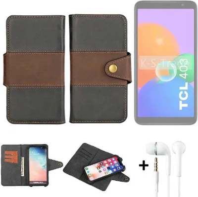 Produktbild von K-S-Trade Handyhülle Schutzhülle Bookstyle Wallet-Case kompatibel mit TCL 403 + earphones Bumper rundumschutz schwarz-braun 1x