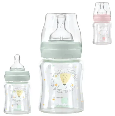 Produktbild von Kikkaboo Baby Glasflasche 120 ml, Weithalsöffnung, Silikonsauger Größe S, Deckel