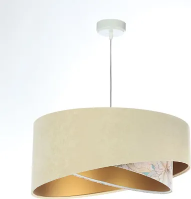 Produktbild von Hängeleuchte Stoff Ø 50 cm rund H: max. 102 cm in Weiß Beige Creme (Abstrakt-Floral Print) Gold E27 Hängelampe