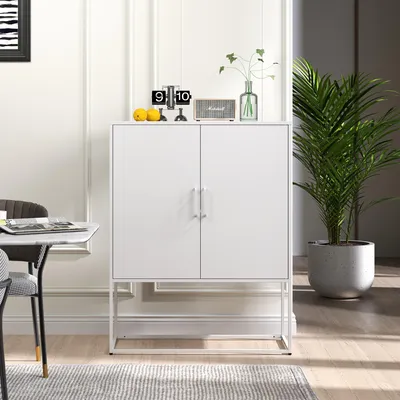 Produktbild von Fortuna Lai Metall-Sideboard,Lagerschrank– 2 Regale, Freistehender Stahlschrank, Magnettüren, Anti-Kipp-Sicherung, Wohnzimmer, Küche, Büro, Weiß, H 109 cm × B 85 cm × T 40 cm