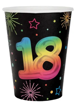 Produktbild von 6 Papp-Becher Geburtstag 18 schwarz bunt