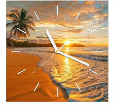Produktbild von Wanduhr aus Glas mit Motiv Sonnenuntergang Strand- 30 x 30 cm - inkl. Aufhängesystem