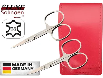 Produktbild von 2x Nagelschere Solingen – extra scharf mit gebogener Schneide, gehärteter Stahl, für Finger- & Fußnägel, inkl. Echtleder-Etui Rot
