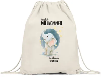 Produktbild von Herzlich willkommen du kleines Wunder Turnbeutel Elefant Geburt Geschenk Hallo Baby