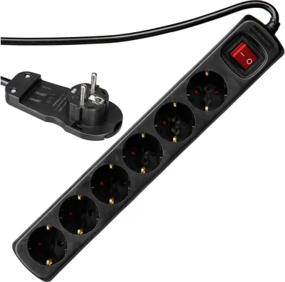 A black power strip with six outlets and a red on/off switch, along with a detached plug, is shown against a white background.