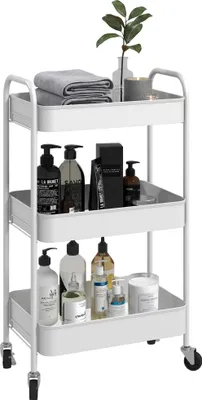Image de Chariot - Etagère de salle de bain sur roulettes - 3 paniers - 2 poignées - Autonome - 45 x 30,6 x 79 cm - Blanc