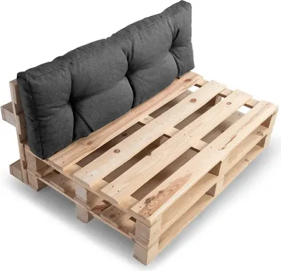 A dark gray cushion set on a wooden pallet base, presented against a white background.