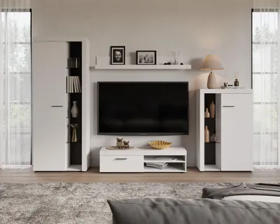 Produktbild von Set RUBEN – 2 Vitrinen, TV-Schrank und Wandregal – Wohnwand 270 cm für Wohnzimmer - Weiß