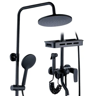 A black shower system with a rain shower head, handheld shower, bidet sprayer, and shelf, displayed against a white background.