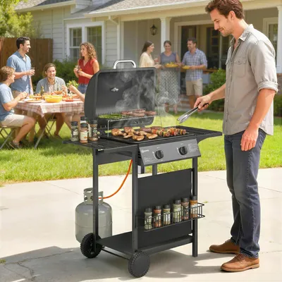 Produktbild von Gasgrill 5 kW 2 Brenner, Grillwagen Edelstahl mit Emaille-Rost, Standgrill BBQ mit Seitentisch, Schwarz | 99 x 56 x 95 cm | 14,65 kg