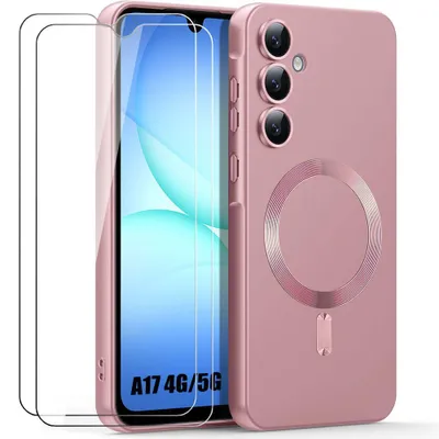 Image de Coque + 2 Verres Trempés pour Samsung Galaxy A17 5G/4G, Protection Silicone Slim avec Cercle Magnétique Rose