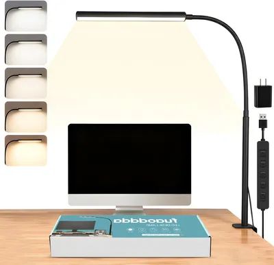 Obrázek produktu pro Stolní lampa - Svítidlo s klipsnou - Pro čtení a práci - Flexibilní rameno - 5 úrovní jasu - Černá barva