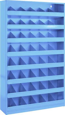 A light blue metal shelving unit with 48 compartments, designed for storing small items like screws.