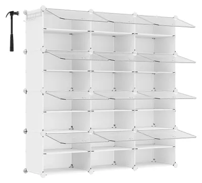 Obrázek produktu pro Botník – skříňka na boty s 12 přihrádkami – rozměry každé přihrádky 30 x 40 x 30 cm – s dvířky – úzký design – ocelový rám a plast – bílá