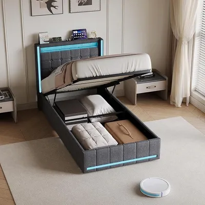 Image de Lit avec coffre de rangement, dimensions 90x200, système hydraulique, station de charge et éclairage LED. Lit simple pour adolescents avec espace de rangement. Tête de lit. Lit pour enfants avec sommier à lattes, sans matelas (couleur : lin, gris C)