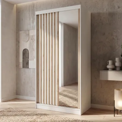 Produktbild von BEAUTYSOFA | Kleiderschrank DONATELLO 100 cm Weiß/Artisan mit Spiegel und Lamellen Schwebetürenschrank modern