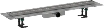 A shower drain system with adjustable supports and a drainage outlet.