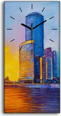 Produktbild von Wanduhr Bürouhr Leinwand Bild 30x60 Wolkenkratzer Stadt Sonnenuntergang - schwarze Hände