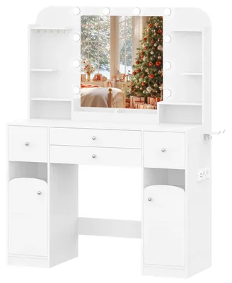 Image de Coiffeuse avec miroir - Éclairage LED et prise électrique - Support pour sèche-cheveux - Plateau de 108 cm - 2 grands tiroirs - Blanc