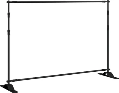 A black metal backdrop stand on a white background.