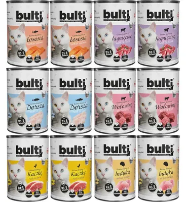 Obrázek produktu pro BULTI | Krmivo pro kočky – směs příchutí – sada mokrého krmiva, 12 plechovek po 400 g – směs krmiva pro kočky