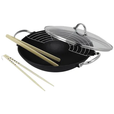 Produktbild von BEKA 14300734 Wok 'Lhasa' aus Gusseisen, mit Abtropf-Gitter und Zubehör, schwarz/silber (1 Set)