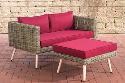 Produktbild von CLP Polyrattan 2er Sofa Molde mit Fußhocker Rundrattan natura rubinrot