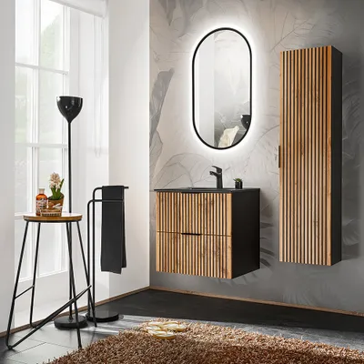 Produktbild von Badmöbel Set Waschtisch 60 cm mit Keramik Waschbecken schwarz, LED Spiegel, Hochschrank XANTEN-56 in anthrazit mit Eiche Nb. schwarz gerillt, B/H/T: ca. 110/200/46 cm