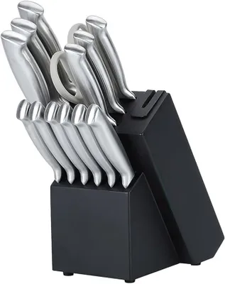Imagen del producto de Juego de cuchillos de cocina con bloque de madera y afilador, con mangos ergonómicos y cuchillos afilados, ideal para uso doméstico y profesional, para picar, cortar y trocear.