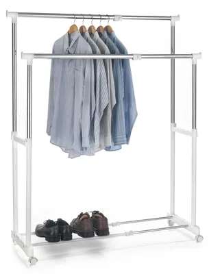 Produktbild von Garderobenwagen Rollgarderobe Kleiderständer  Garderobenständer Rollkleiderständer CASA in weiß, 2 Kleiderstangen, Metallgestell verchromt, höhen- und breitenverstellbar