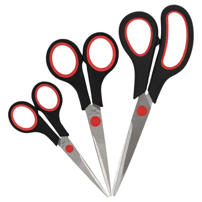 Produktbild von Scheren Set 3-teilig – Stoffschere, Papierschere, Küchenschere – Edelstahl Haushaltsscheren mit Softgriff, rot schwarz, Basteln & Nähen