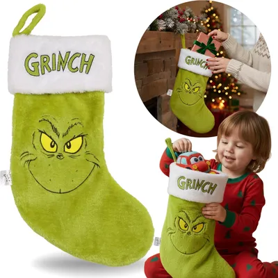 Obrázok produktu pre Grinch ZELENÁ darčeková ponožka, VIANOČNÁ ponožka, dekoratívna ponožka na krb, VEĽKÁ 43x28 cm