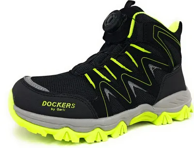 A single black and neon yellow hiking boot is shown against a white background.