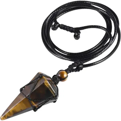 Image de Collier avec pendentif en cristal, cordon en cuir, pendule en pierre naturelle, couleur marron, longueur réglable de 29 à 47 cm