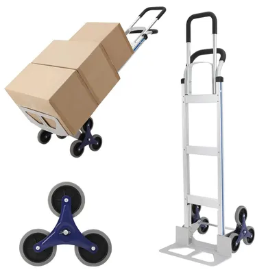 Obrázok produktu pre Schodolez a ručný vozík – skladací ručný vozík 2 v 1 – hliník – trojité kolesá na schody – nosnosť 200–295 kg – strieborný