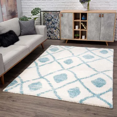 Produktbild von Hochflor Teppich Shaggy Creme, Blau 200x290 cm - Abstraktes Muster - Flauschiger Wohnzimmerteppich