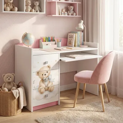 Produktbild von Rosa Kinderschreibtisch mit Schublade und Schrankfach, Schülerschreibtisch Hausaufgabentisch für Mädchen, Computertisch mit Motiv, KI-generiertes Bild