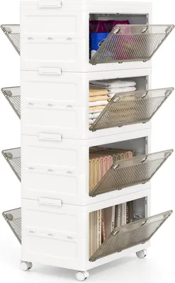 Produktbild von GOPLUS 4 Aufbewahrungsbox stapelbar, 168 L Stapelboxen mit Deckel & 3-fach zu öffnende Schubladen, klappbare Kunststoffboxen mit Rollen (168 L)