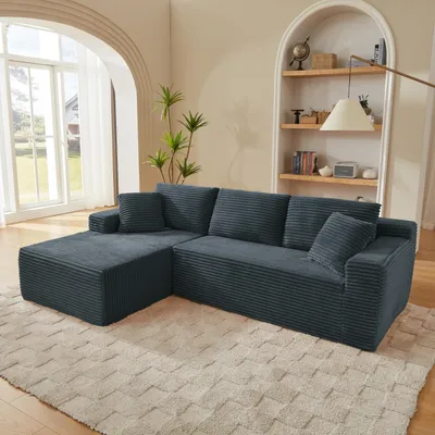 Produktbild von okwish Modulare Sektionssofa mit Rückenkissen und Nackenkissen, Dreisitzer Sitzgruppe, Wohnzimmersofa mit Chaise, links Recamiere, Dunkelgrau