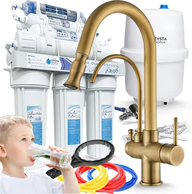 Produktbild von Wasserfilter Set RO7 mit 3-Wege Küchenarmatur Parma, 7-stufige Umkehrosmose, Mineralisierung, Gold