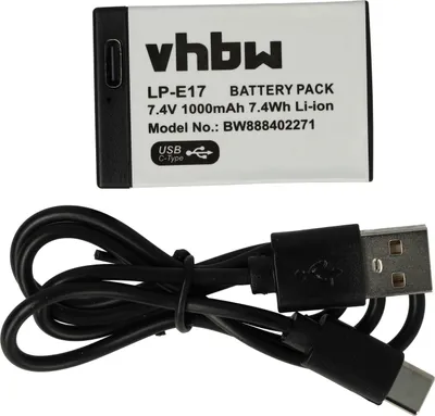 Produktbild von vhbw Akku kompatibel mit Canon EOS Kiss X8i, 8000D, 800D, 250D, 77D, Kiss X10, 750D, 850D, 200D, 760D Kamera (1000 mAh, 7,4 V, Li-Ion), USB-C Buchse