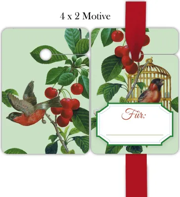 Produktbild von 8 elegante, grüne "Apfelkirsch" Geschenkanhänger mit Vögelchen: Für, passend zu Geschenkpapier 00000_1_G4237
