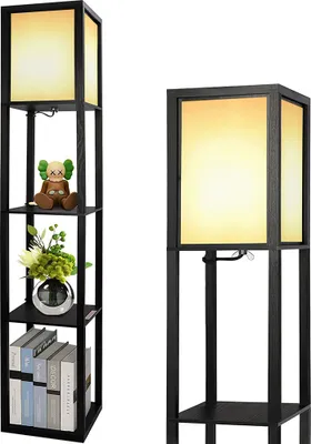 Produktbild von LED Stehlampe aus Holz Stehleuchte mit E27 Birne Eckregal Regalbeleuchtung Standleuchte Nachttischlampe mit Lampenschirme Stehlampen für Wohnzimmer