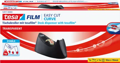 Produktbild von tesa® Tischabroller Curve, schwarz, inkl. 1 Rolle tesafilm® transparent 19 mm x 10 m
