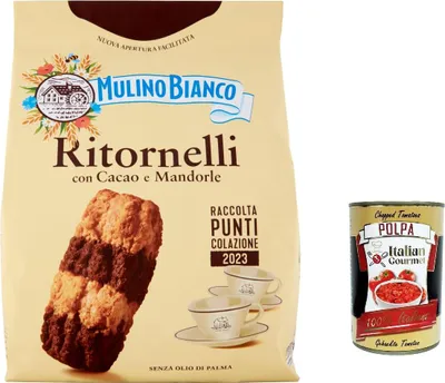 Produktbild von 3x Mulino Bianco Ritornelli Kekse mit Kakao und Mandeln für ein leckeres Frühstück – biscuits cookies 700 g + Italian gourmet polpa 400g