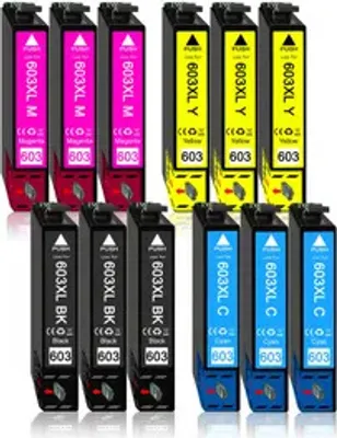 A collection of printer ink cartridges arranged in rows on a white background.