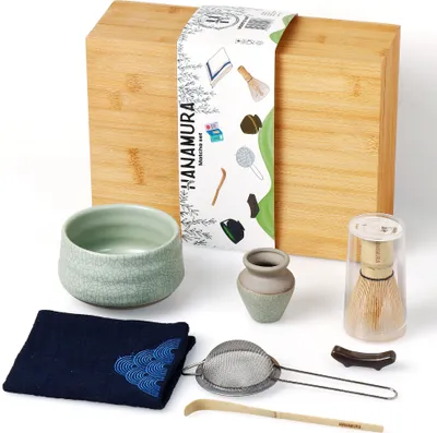 Produktbild von Hanamura Japanisches Tee-Set (7 Stück) – Matcha Set mit Matche-Schneebesen – Mit Bambus-Aufbewahrungsbox und Zubehör