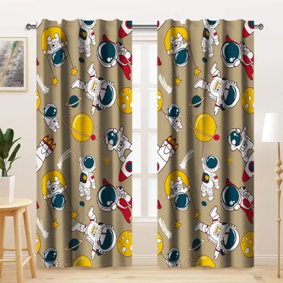 Productafbeelding van Kindergordijnen 117x138cm - Ruimte Thema met Raket en Astronauten